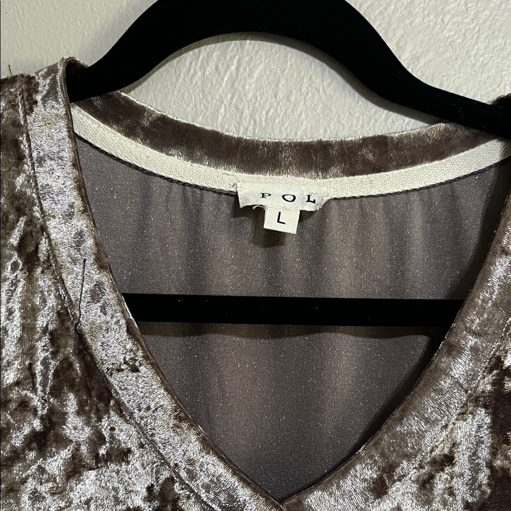 POL Crushed Velvet V-Neck Tee in Metallic Deep Beige - Picture 2 of 5